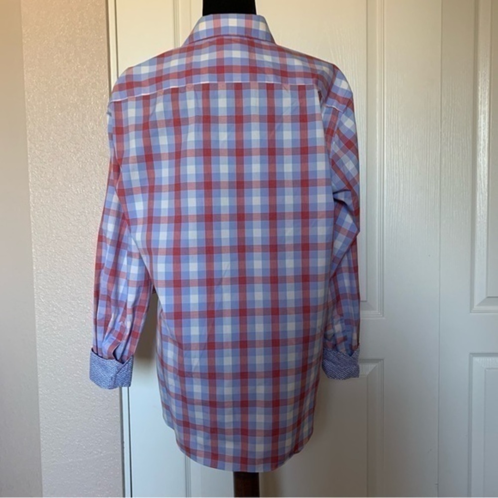 Egara Men’s Button Down Long Sleeve Blue Cream and Orange Plaid Shirt Size Large - Picture 2 of 7
